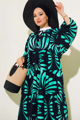 Yaka Püsküllü Desenli Elbise Lacivert Yeşil - Tesettür Elbise