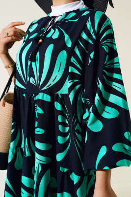 Yaka Püsküllü Desenli Elbise Lacivert Yeşil - Tesettür Elbise