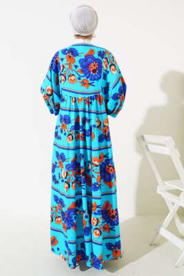 Yaka Püsküllü Desenli Elbise Mavi - Tesettür Elbise