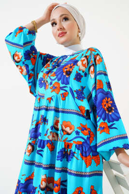 Yaka Püsküllü Desenli Elbise Mavi - Tesettür Elbise