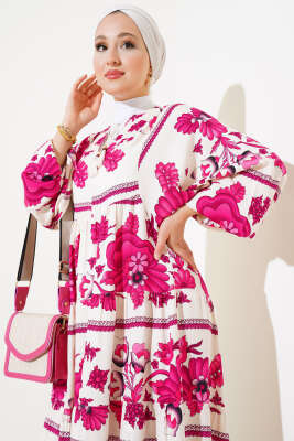 Yaka Püsküllü Desenli Elbise Mürdüm - Tesettür Elbise