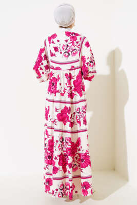 Yaka Püsküllü Desenli Elbise Mürdüm - Tesettür Elbise