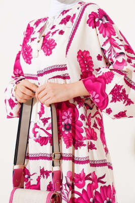 Yaka Püsküllü Desenli Elbise Mürdüm - Tesettür Elbise