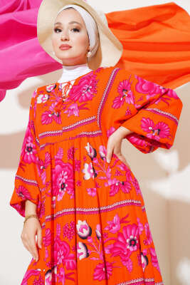 Yaka Püsküllü Desenli Elbise Oranj - Tesettür Elbise