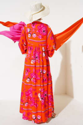 Yaka Püsküllü Desenli Elbise Oranj - Tesettür Elbise