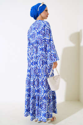 Yaka Püsküllü Desenli Elbise Saks - Tesettür Elbise