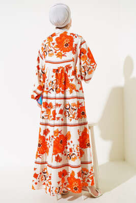 Yaka Püsküllü Desenli Elbise Turuncu - Tesettür Elbise