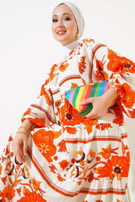 Yaka Püsküllü Desenli Elbise Turuncu - Tesettür Elbise