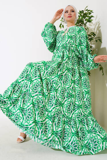 Yaka Püsküllü Desenli Elbise Yeşil - Elbise