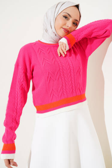Yaka Renkli Kazak Fuşya - Triko