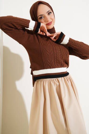 Yaka Renkli Kazak Kahve - Triko