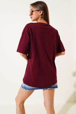 Yaka Ribanalı Basic T-shirt Bordo - Kadın Giyim Modelleri