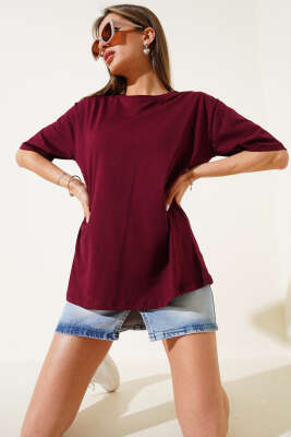 Yaka Ribanalı Basic T-shirt Bordo - Kadın Giyim Modelleri