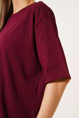 Yaka Ribanalı Basic T-shirt Bordo - Kadın Giyim Modelleri