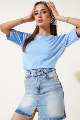 Yaka Ribanalı Basic T-shirt Mavi 