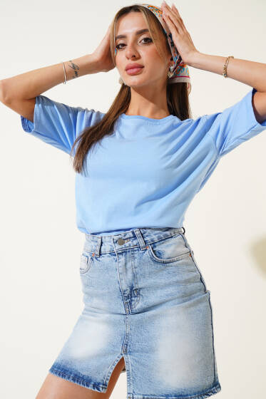 Yaka Ribanalı Basic T-shirt Mavi - Kadın Giyim Modelleri