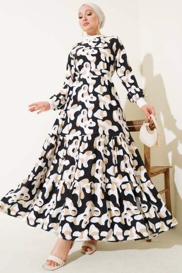 Yaka Ribanalı Desenli Elbise Siyah - Elbise