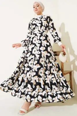 Yaka Ribanalı Desenli Elbise Siyah - Tesettür Elbise