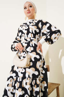 Yaka Ribanalı Desenli Elbise Siyah - Tesettür Elbise