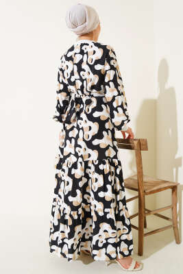 Yaka Ribanalı Desenli Elbise Siyah - Tesettür Elbise