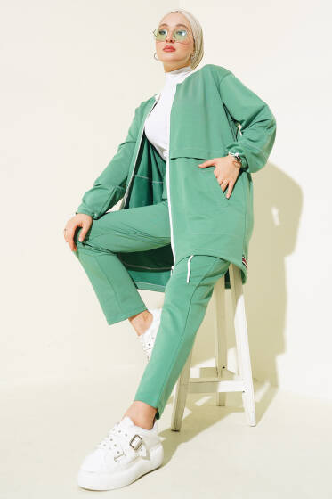 Yaka Ribanalı Fermuarlı İkili Takım Çağla Yeşili - İKİLİ TAKIM