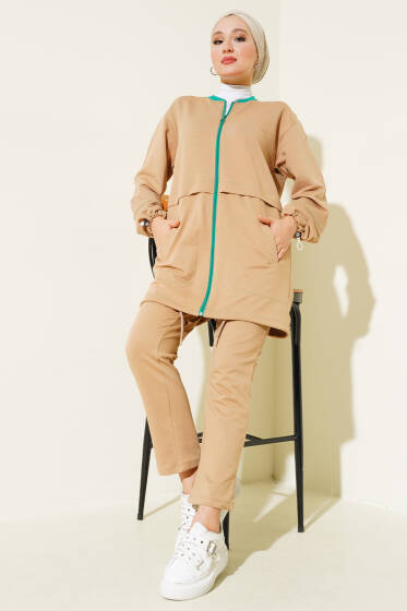 Yaka Ribanalı Fermuarlı İkili Takım Camel - İKİLİ TAKIM