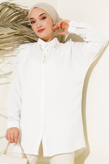 Yaka Taş Detaylı Gömlek Beyaz - Gömlek
