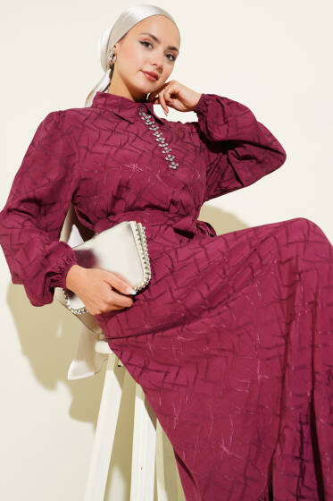Yaka Taş Detaylı Jakar Elbise Burgonya - Elbise