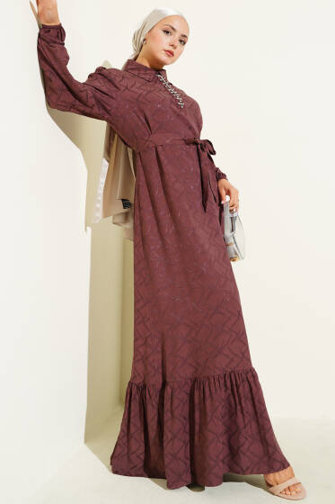 Yaka Taş Detaylı Jakar Elbise Kahve - Elbise