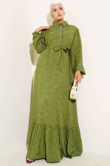 Yaka Taş Detaylı Jakar Elbise Yeşil - Elbise