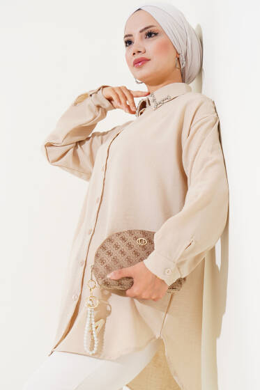 Yaka Taş İşlemeli Gömlek Bej - Gömlek
