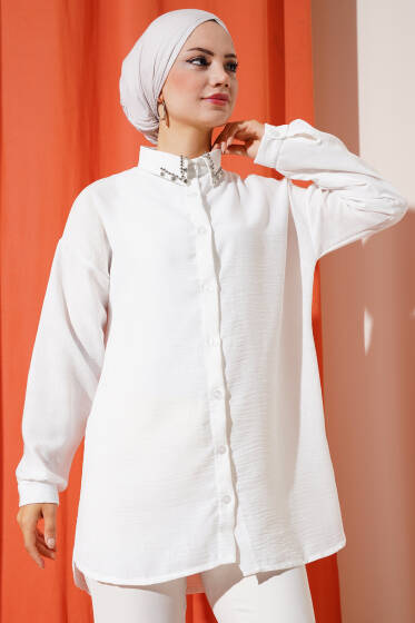 Yaka Taş İşlemeli Gömlek Ekru - Gömlek