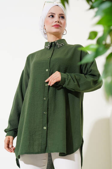 Yaka Taş İşlemeli Gömlek Haki - Gömlek