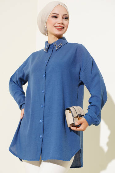 Yaka Taş İşlemeli Gömlek İndigo - Gömlek