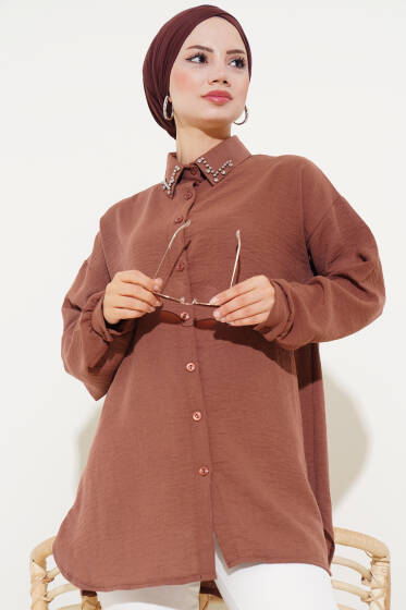 Yaka Taş İşlemeli Gömlek Kahve - Gömlek