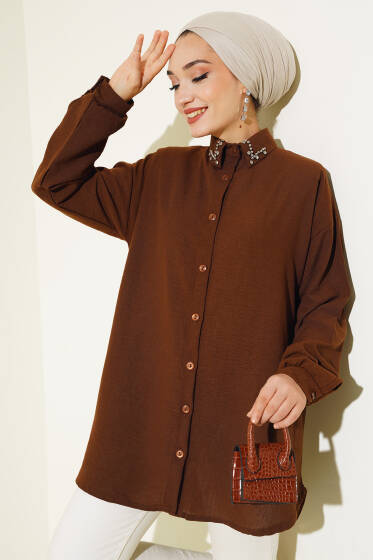 Yaka Taş İşlemeli Gömlek Kestane - Gömlek