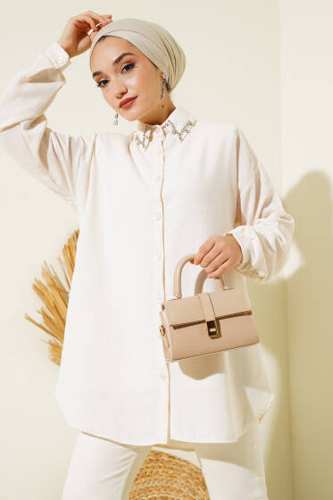 Yaka Taş İşlemeli Gömlek Krem - Gömlek