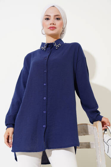 Yaka Taş İşlemeli Gömlek Lacivert - Gömlek