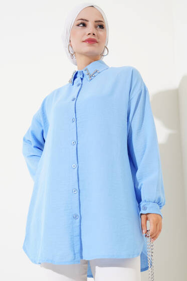 Yaka Taş İşlemeli Gömlek Mavi - Gömlek