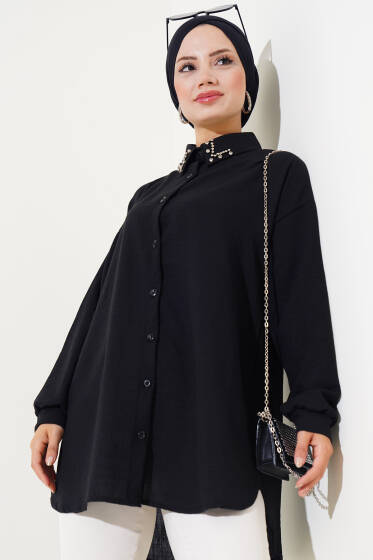 Yaka Taş İşlemeli Gömlek Siyah - Gömlek