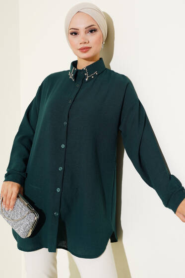 Yaka Taş İşlemeli Gömlek Zümrüt - Gömlek