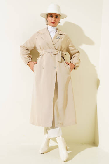 Yaka Taşlı Astarlı Trençkot Bej - Trençkot