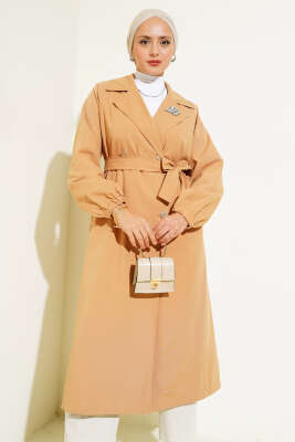 Yaka Taşlı Astarlı Trençkot Camel - 700-1000 TL Ürünler