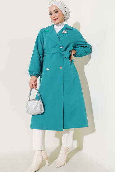 Yaka Taşlı Astarlı Trençkot Petrol - Trençkot