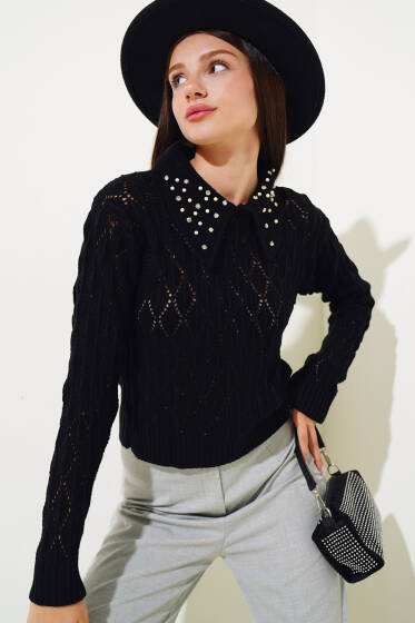 Yaka Taşlı Baklava Desen Triko Kazak Siyah - Triko