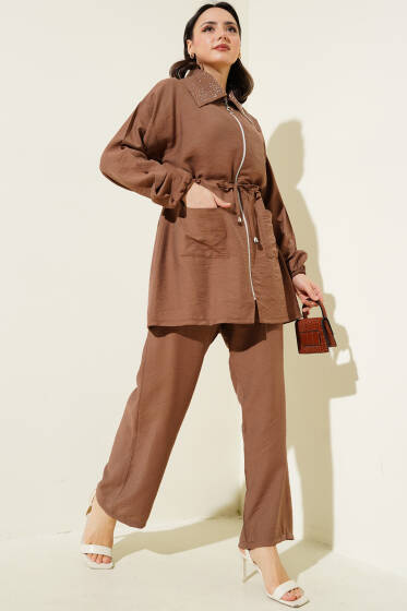 Yaka Taşlı Bel Tünelli İkili Takım Kahve - İkili Takım