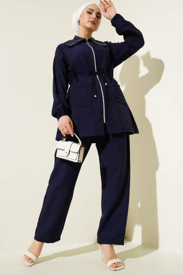 Yaka Taşlı Bel Tünelli İkili Takım Lacivert - İkili Takım