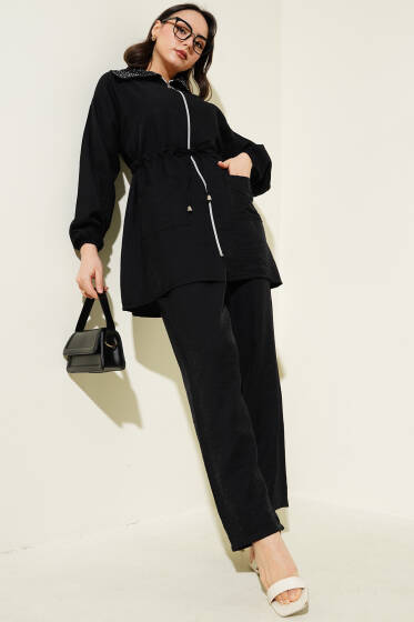 Yaka Taşlı Bel Tünelli İkili Takım Siyah - İkili Takım