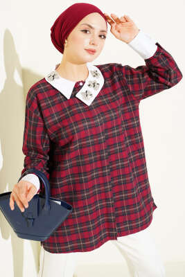 Yaka Taşlı Ekose Desen Gömlek Bordo - HATUN