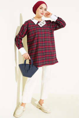 Yaka Taşlı Ekose Desen Gömlek Bordo - Gömlek